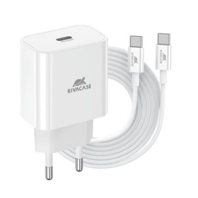 Hálózati töltő, 20W, USB-C, USB-C, USB-C/USB-C töltőkábel, RIVACASE "PS4101", fehér